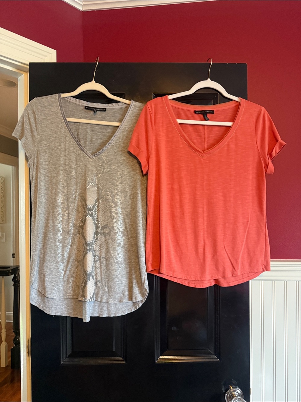 White House Black Market Coral V-Neck Tee and Gray Snake-Print V-Neck Tee